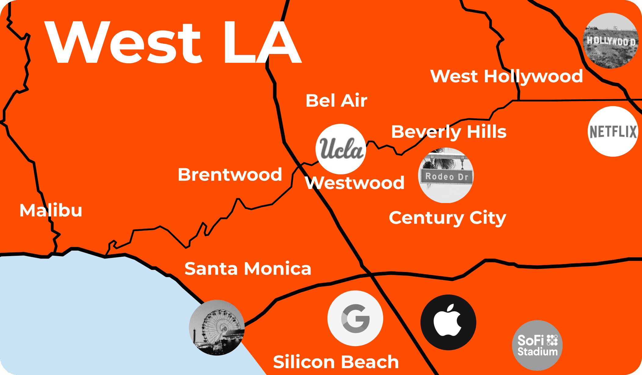 West LA Map showing Beverly Hills, Brentwood, Century City, Malibu, Santa Monica, West Hollywood, Westwood, Silicon Beach